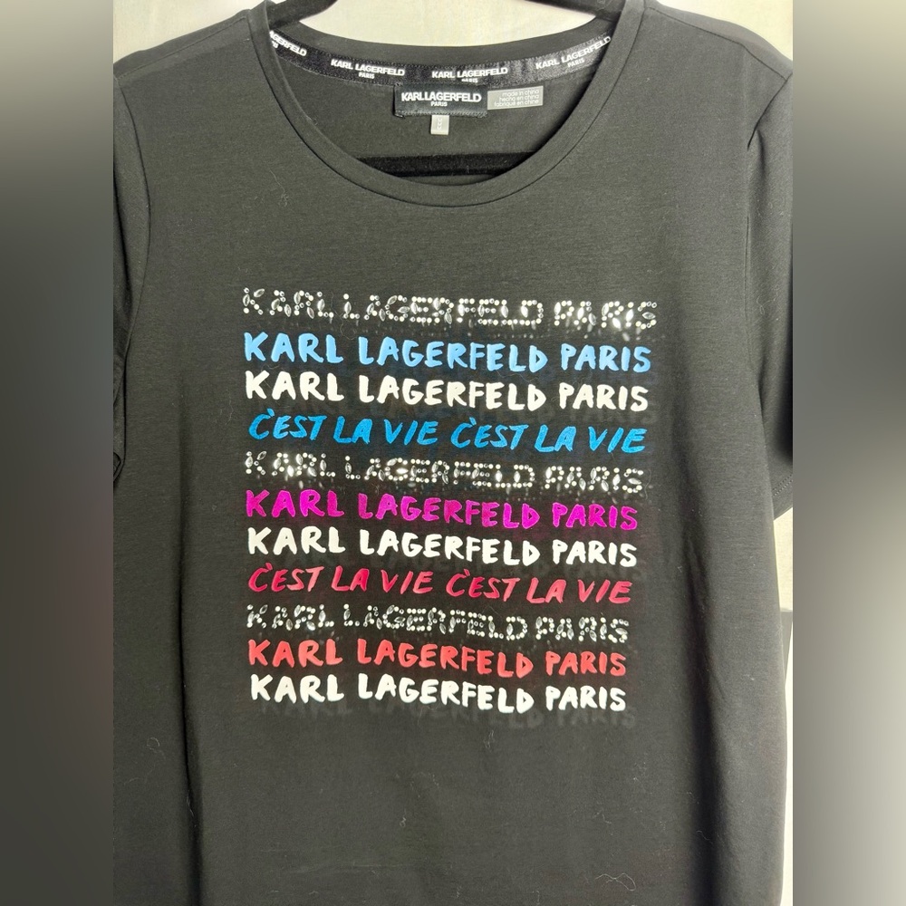 Karl Lagerfeld Black Graphic T-Shirt W/ Colorful Logo & Rhinestones Size Med NWT - Picture 4 of 11